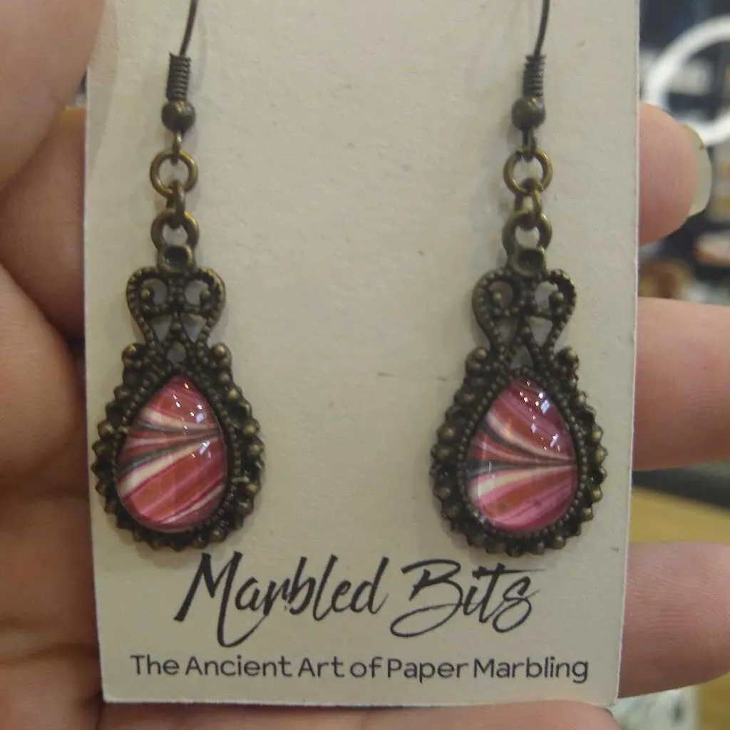 Oval Ornate Marbled Dangle Style Earrings