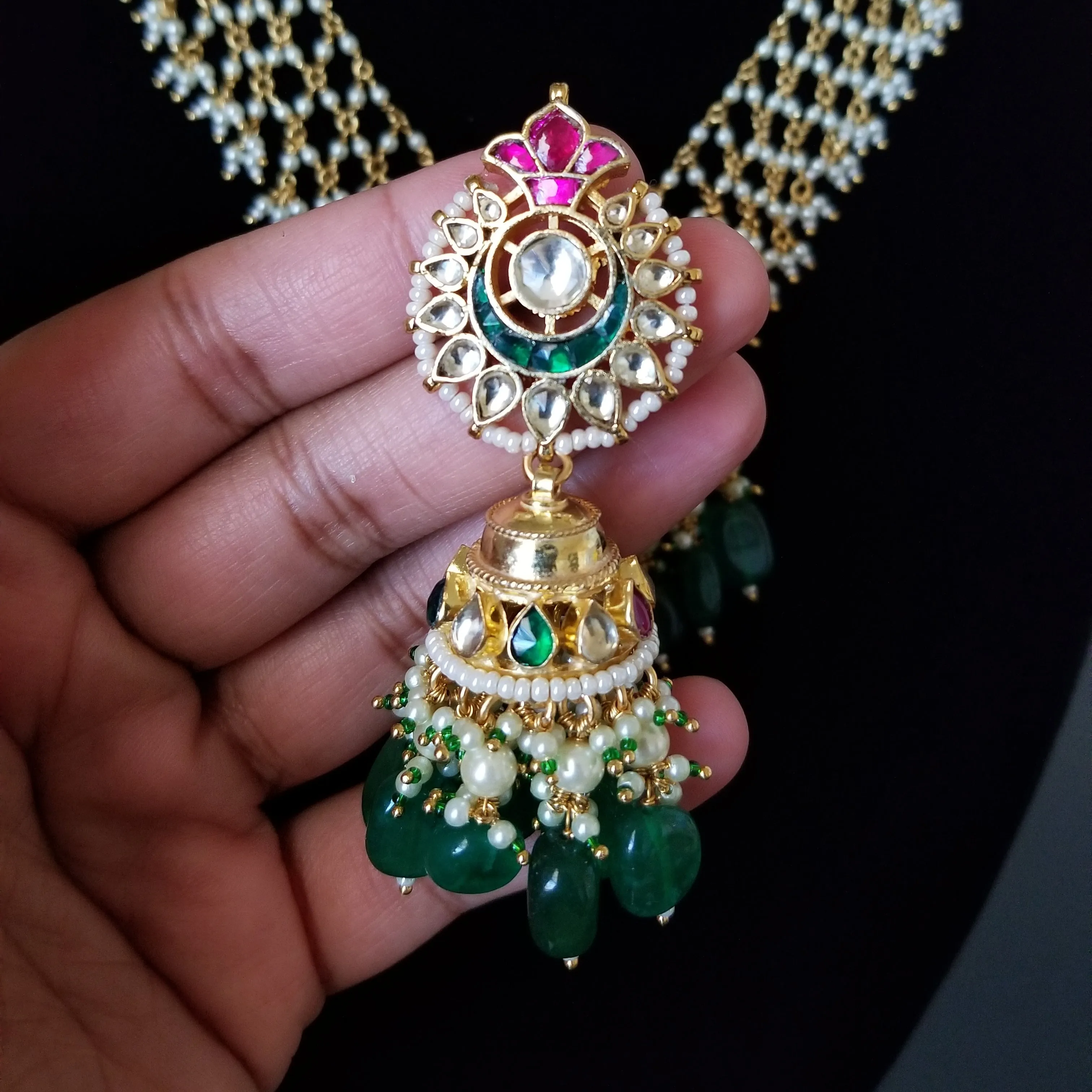 Pachi Kundan Pearl Mesh Necklace Set HA
