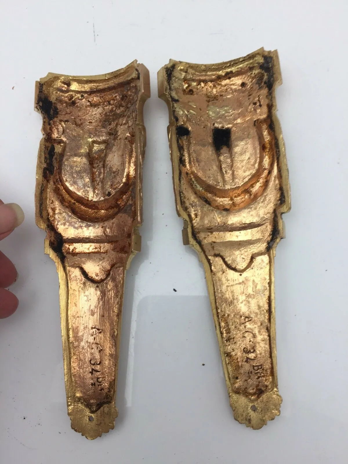 Pair Antique French Pillar Column Ormolu Cabinet Furniture Mounts Original 8"