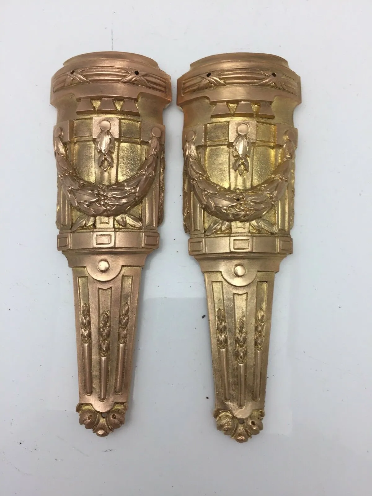 Pair Antique French Pillar Column Ormolu Cabinet Furniture Mounts Original 8"