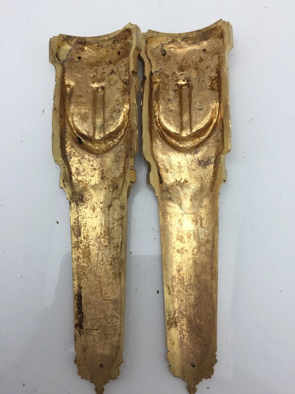 Pair Antique French Pillar Column Ormolu Cabinet Furniture Mounts Original 9"
