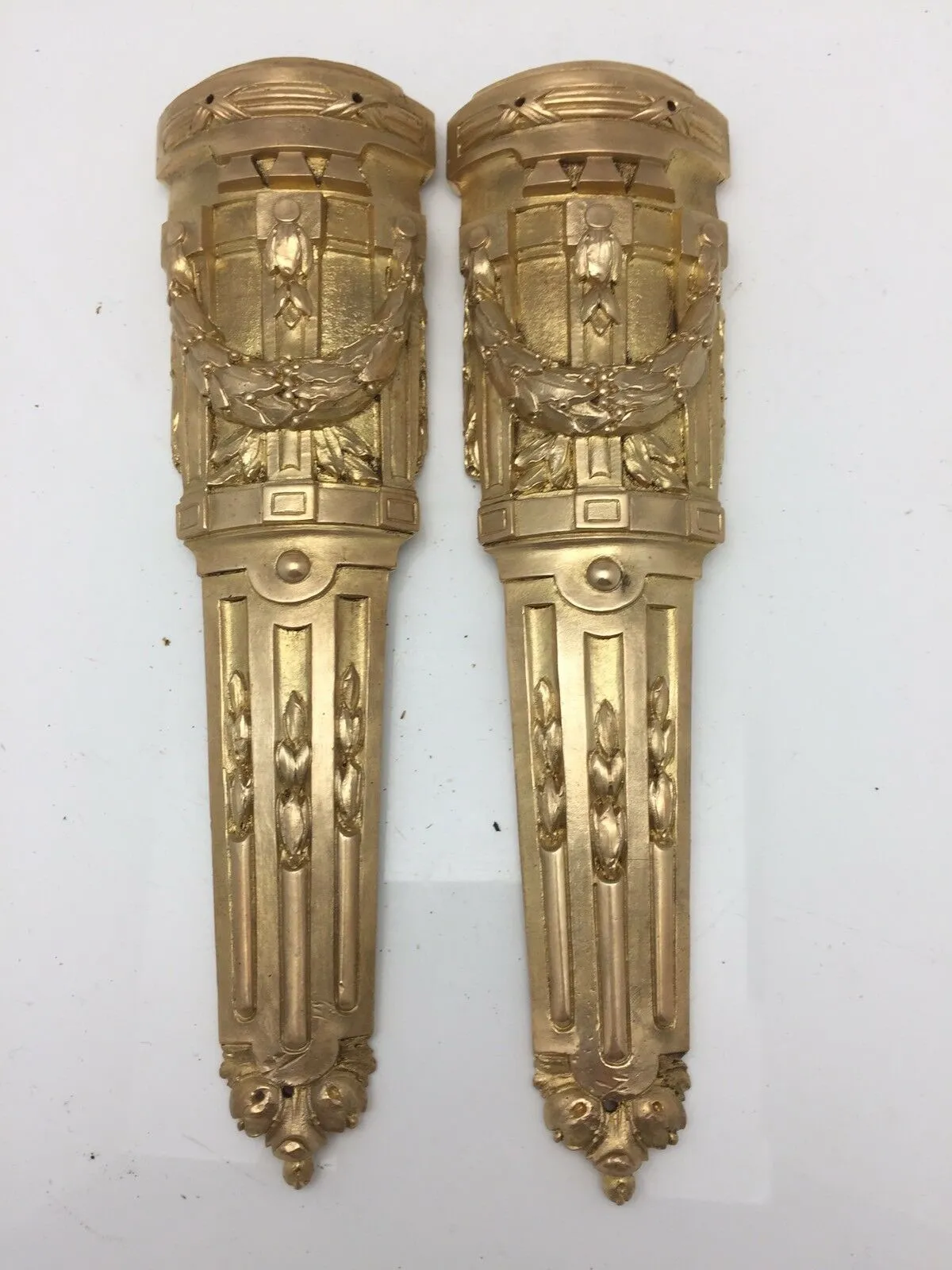 Pair Antique French Pillar Column Ormolu Cabinet Furniture Mounts Original 9"