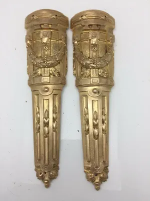 Pair Antique French Pillar Column Ormolu Cabinet Furniture Mounts Original 9"