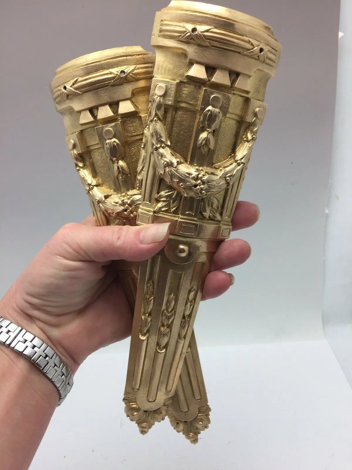 Pair Antique French Pillar Column Ormolu Cabinet Furniture Mounts Original 9"