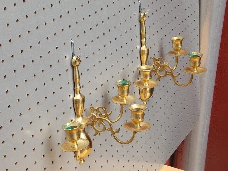 Pair Brass 3-Candle Holder Sconces