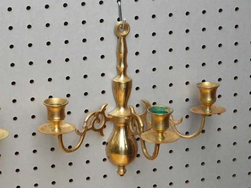 Pair Brass 3-Candle Holder Sconces