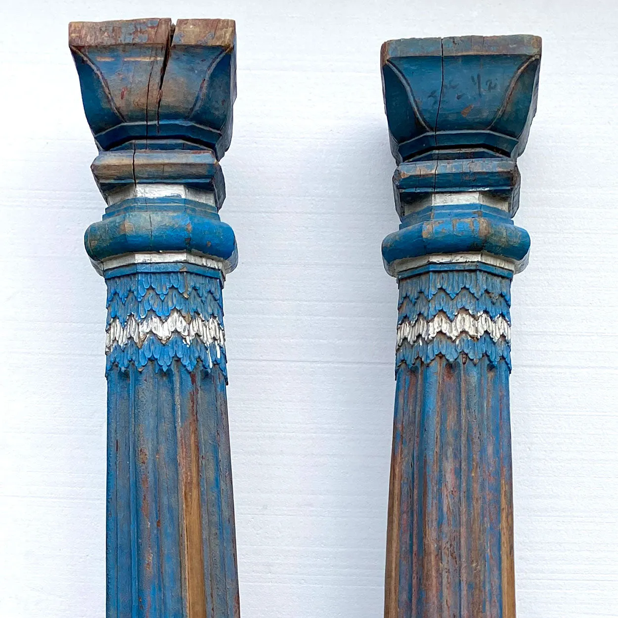 Pair of Indian Blue Painted Teak Architectural Columns
