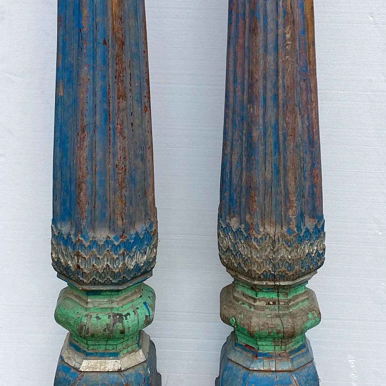 Pair of Indian Blue Painted Teak Architectural Columns