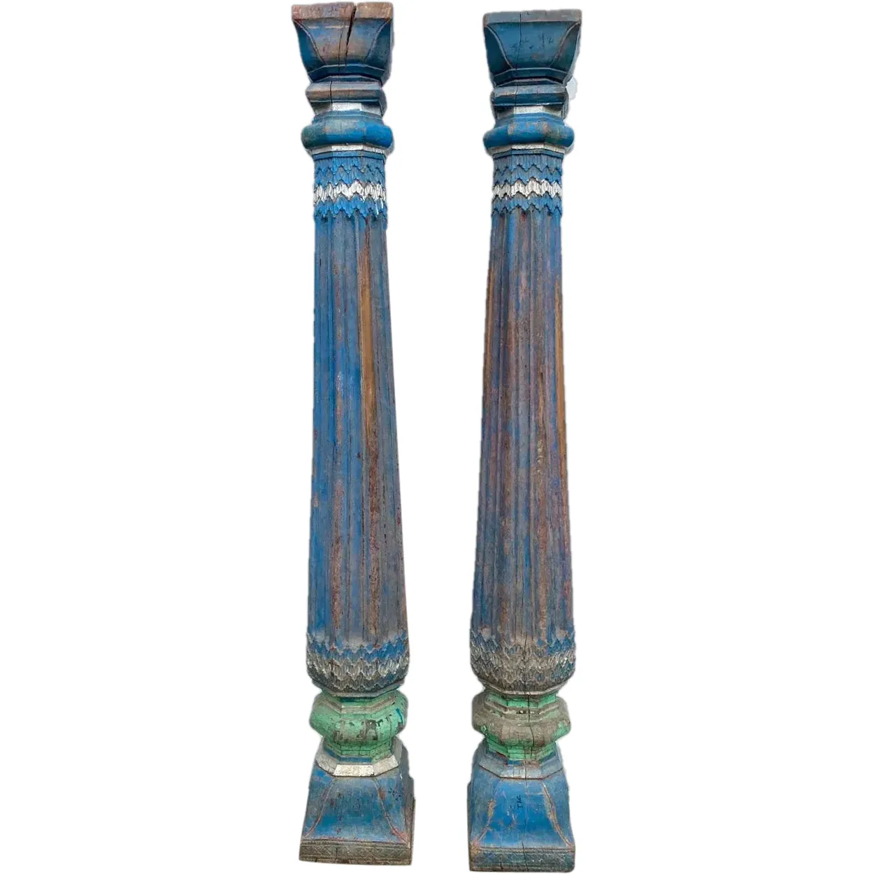 Pair of Indian Blue Painted Teak Architectural Columns