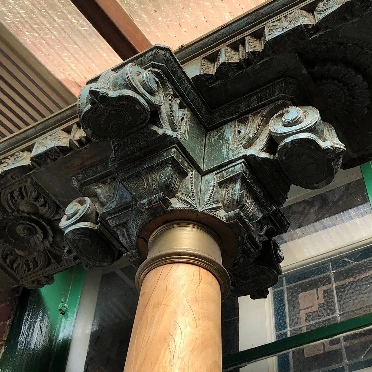 Pair of Indian Solid Satinwood, Brass and Teak Haveli Pillars with Beam