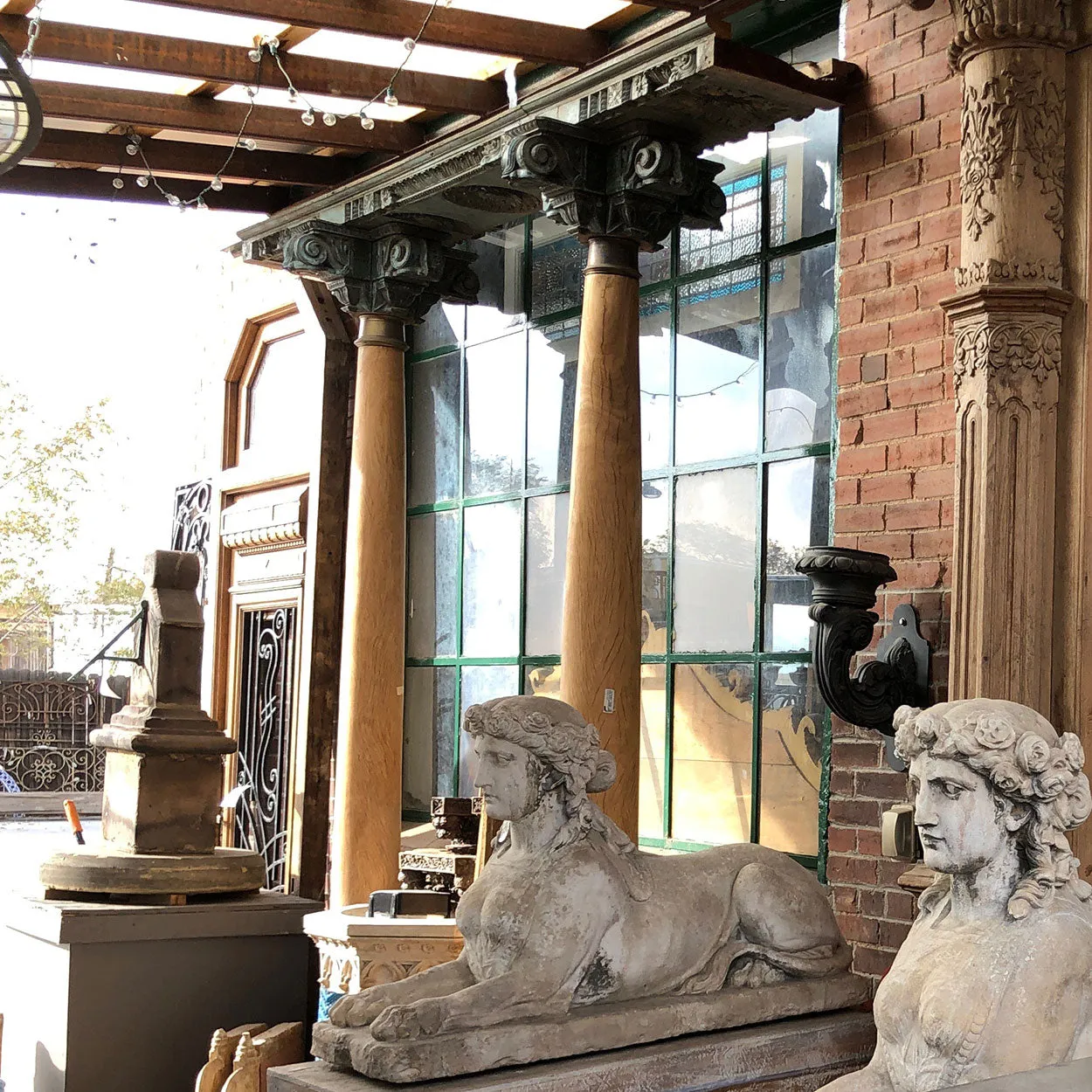 Pair of Indian Solid Satinwood, Brass and Teak Haveli Pillars with Beam