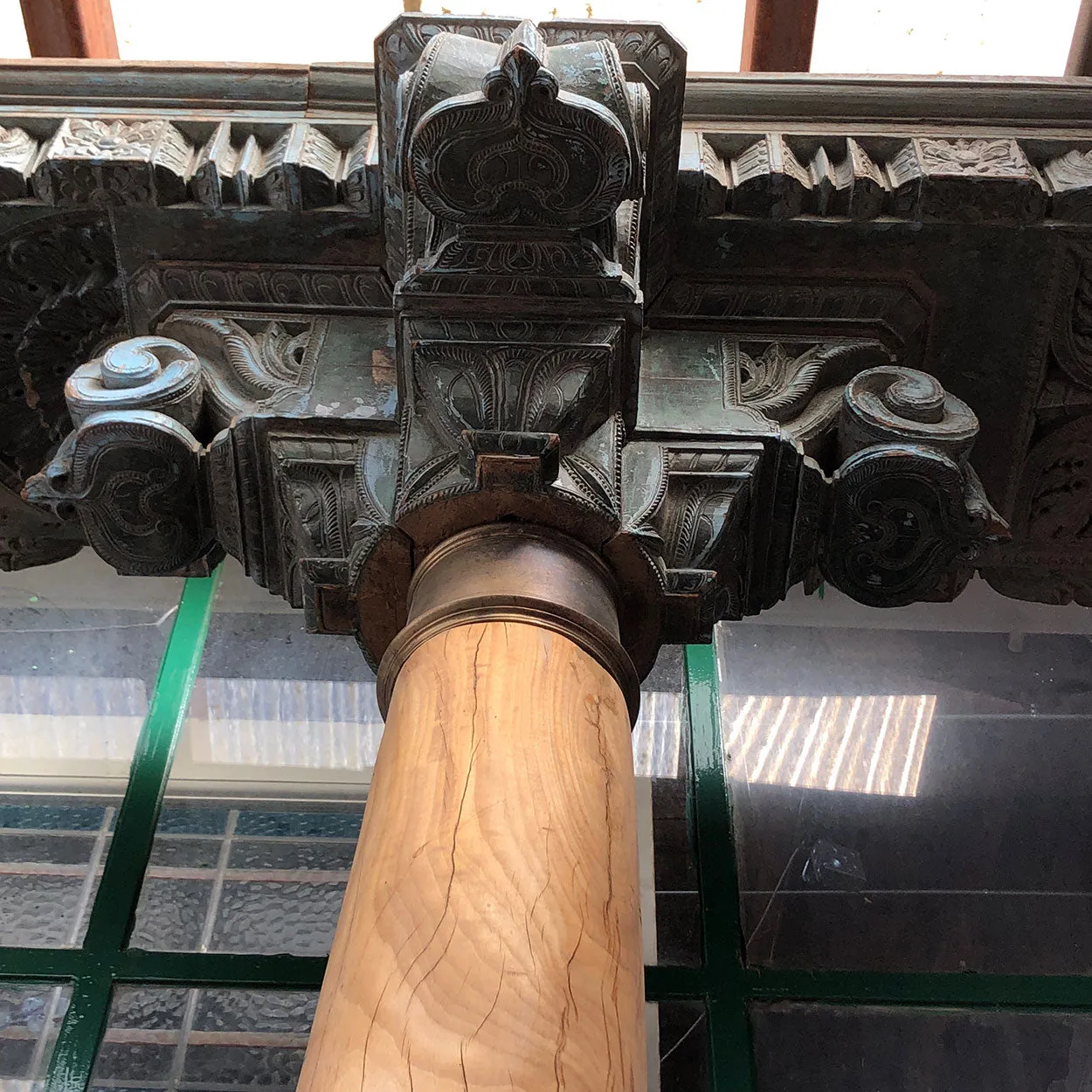 Pair of Indian Solid Satinwood, Brass and Teak Haveli Pillars with Beam