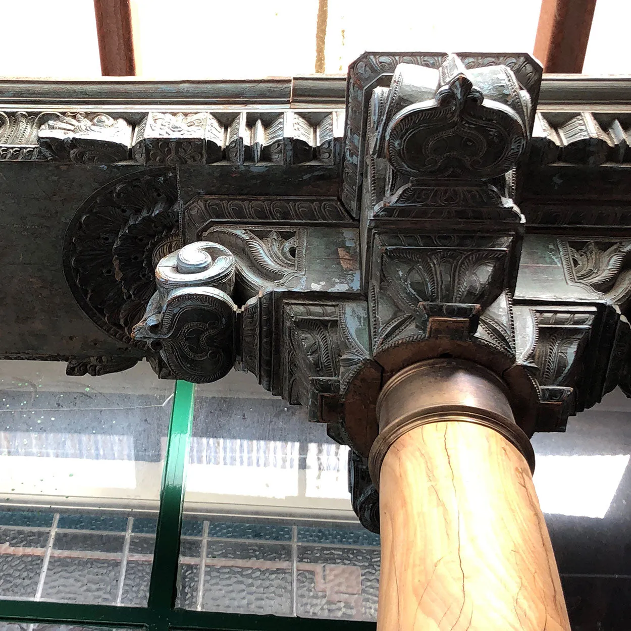 Pair of Indian Solid Satinwood, Brass and Teak Haveli Pillars with Beam