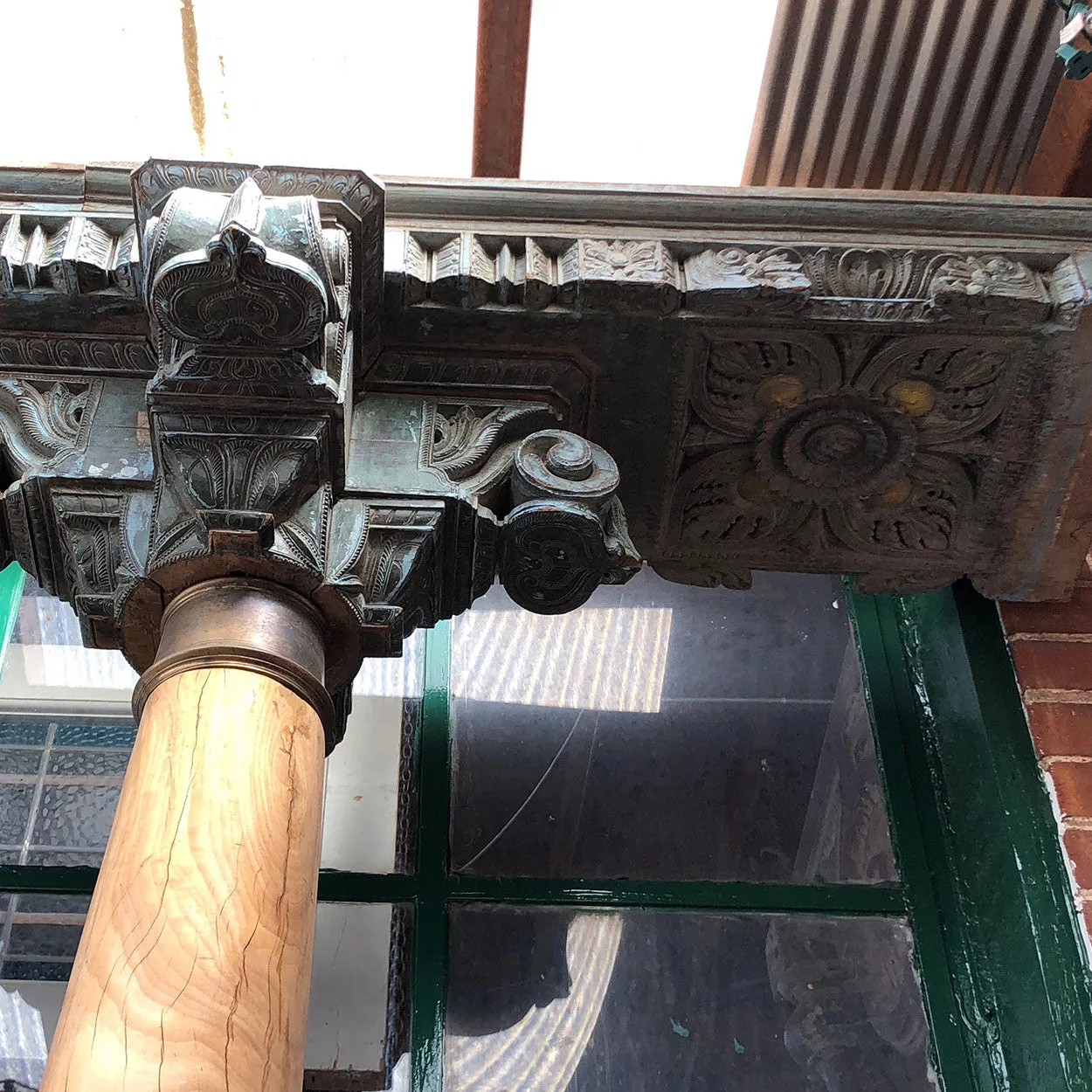 Pair of Indian Solid Satinwood, Brass and Teak Haveli Pillars with Beam