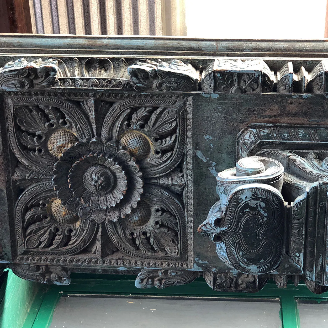 Pair of Indian Solid Satinwood, Brass and Teak Haveli Pillars with Beam