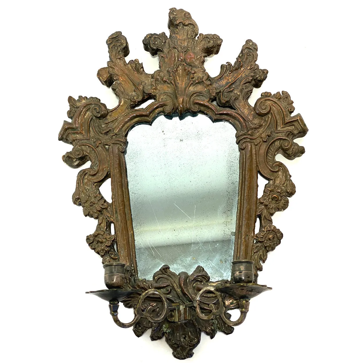 Pair of Italian Baroque Mirrored Copper and Pine Two-Candlearm Sconces