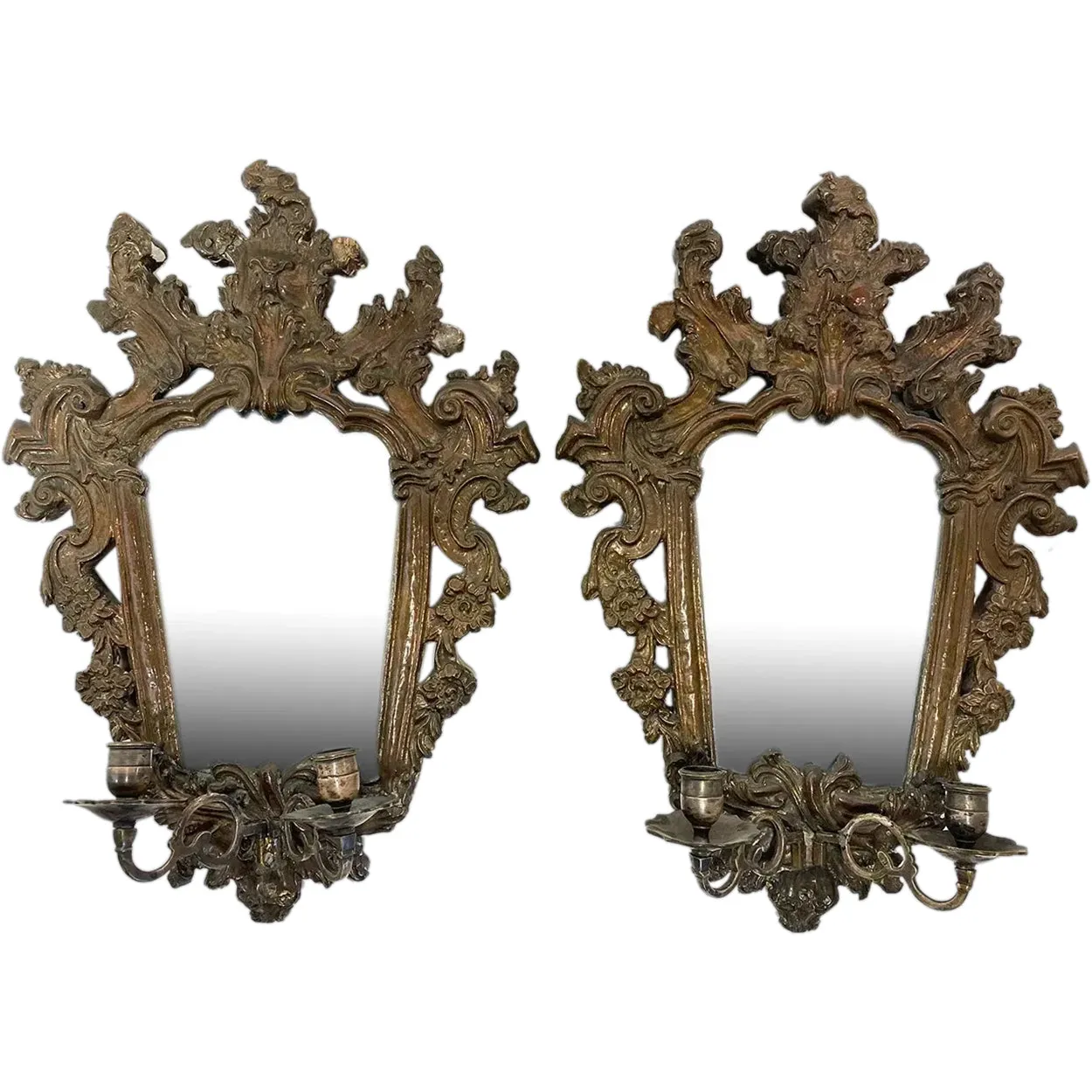 Pair of Italian Baroque Mirrored Copper and Pine Two-Candlearm Sconces