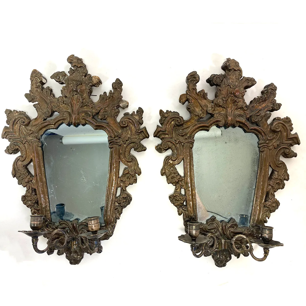 Pair of Italian Baroque Mirrored Copper and Pine Two-Candlearm Sconces