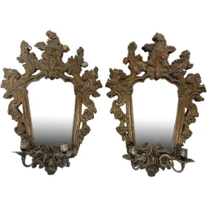 Pair of Italian Baroque Mirrored Copper and Pine Two-Candlearm Sconces