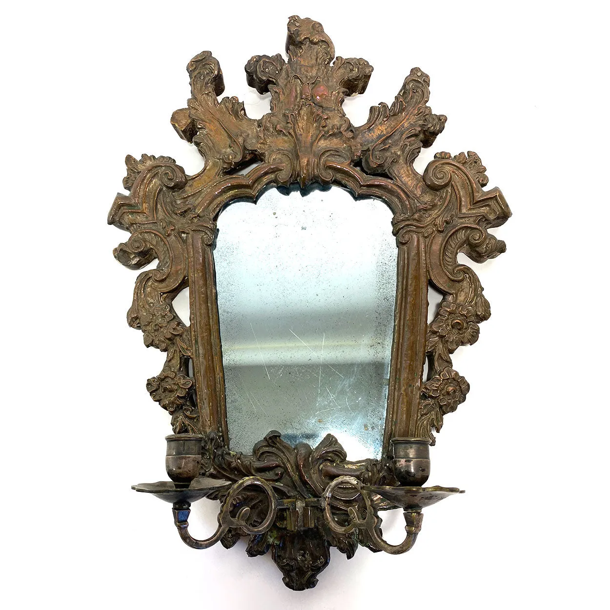 Pair of Italian Baroque Mirrored Copper and Pine Two-Candlearm Sconces