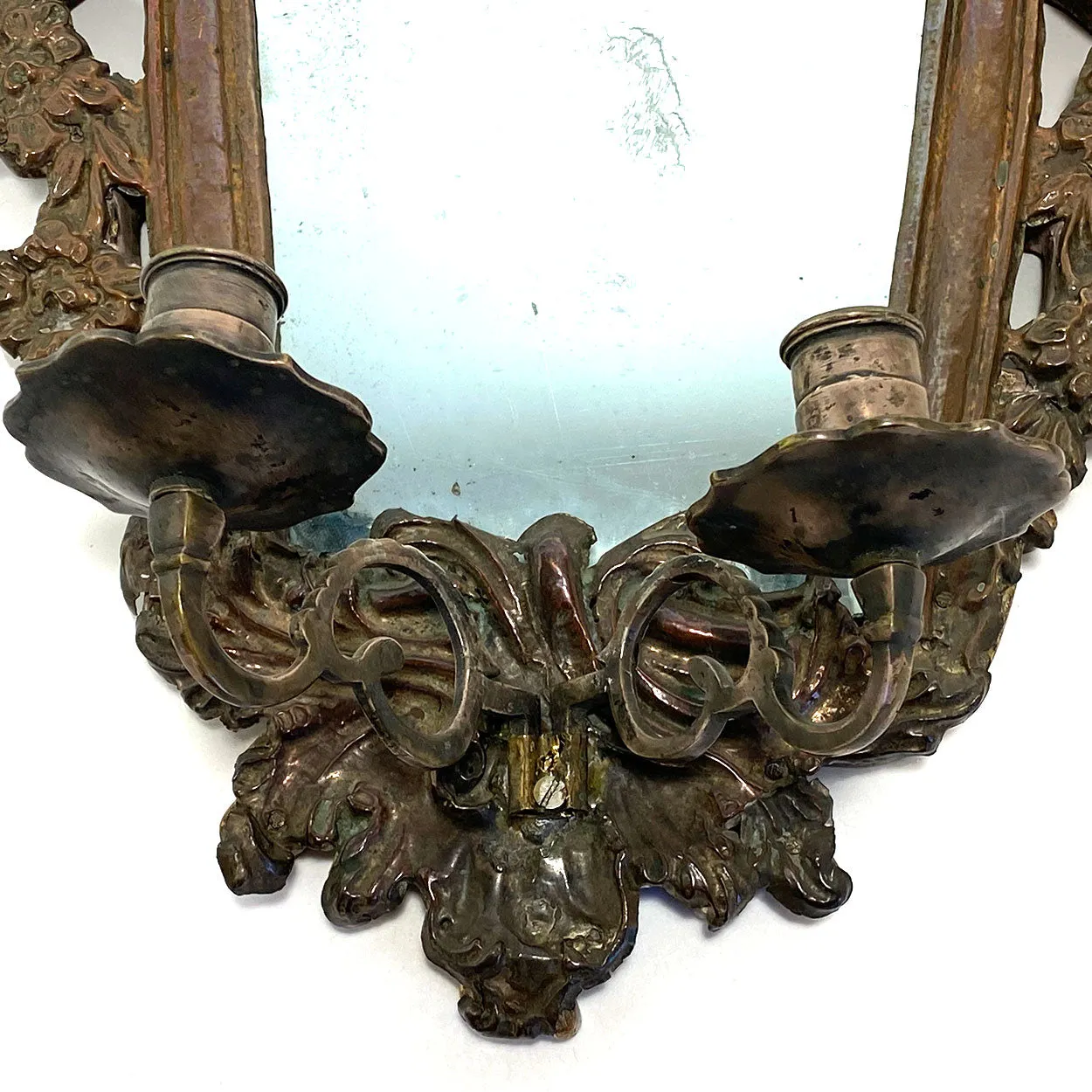 Pair of Italian Baroque Mirrored Copper and Pine Two-Candlearm Sconces