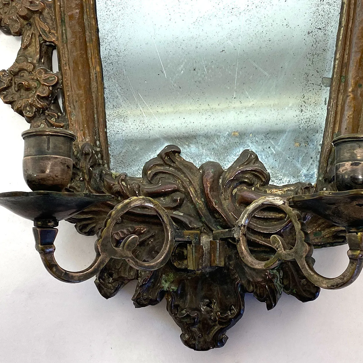 Pair of Italian Baroque Mirrored Copper and Pine Two-Candlearm Sconces