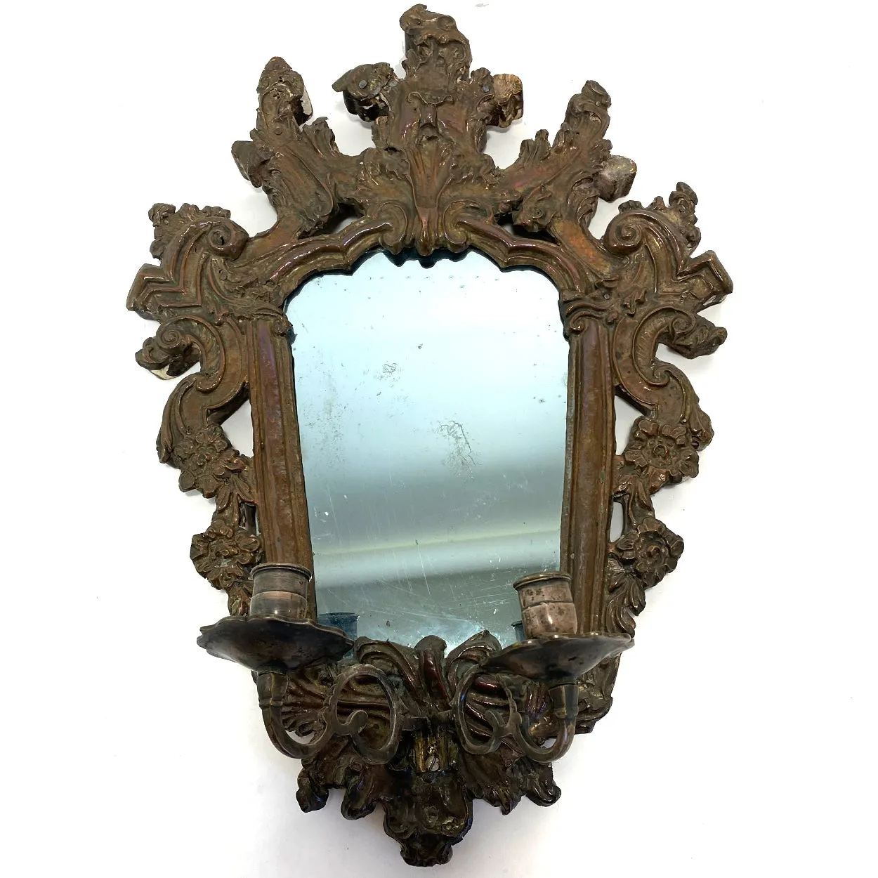Pair of Italian Baroque Mirrored Copper and Pine Two-Candlearm Sconces