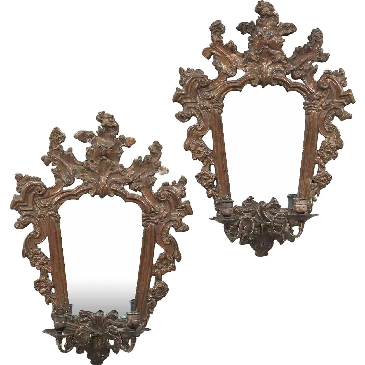 Pair of Italian Baroque Mirrored Copper and Pine Two-Candlearm Sconces