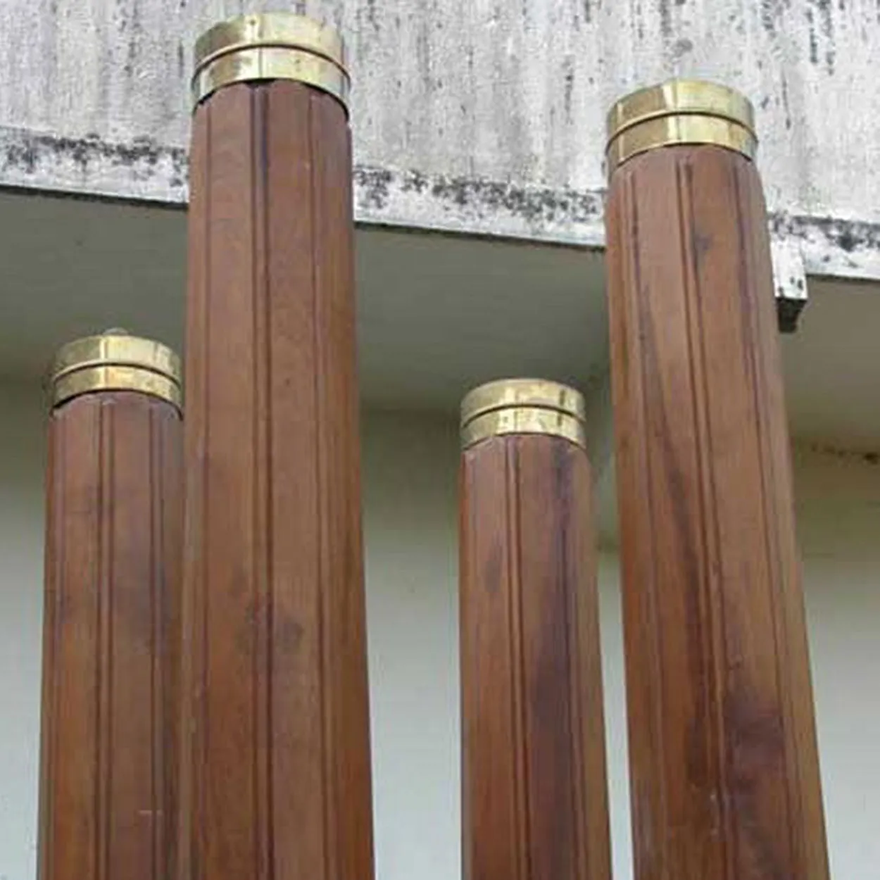 Pair Tall Brass Banded Teak and Marble Base Architectural 10.5-Foot Columns