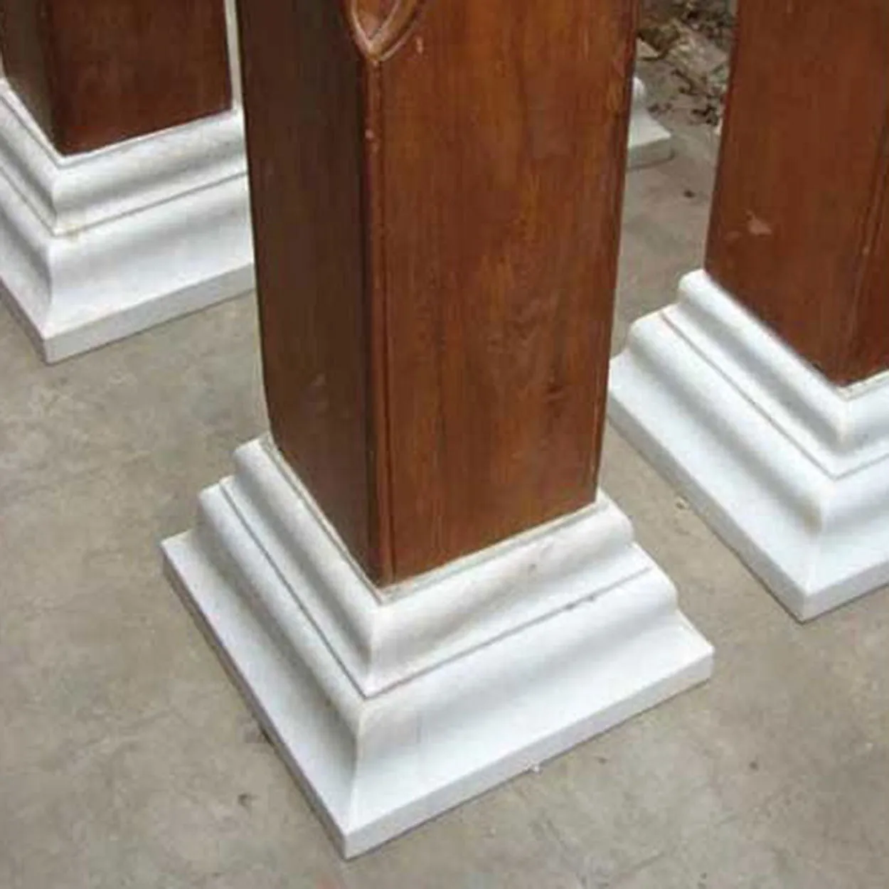 Pair Tall Brass Banded Teak and Marble Base Architectural 10.5-Foot Columns