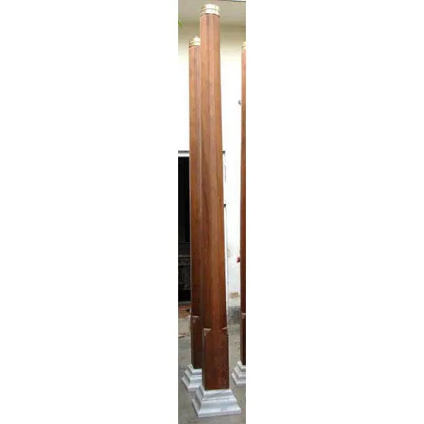Pair Tall Brass Banded Teak and Marble Base Architectural 10.5-Foot Columns
