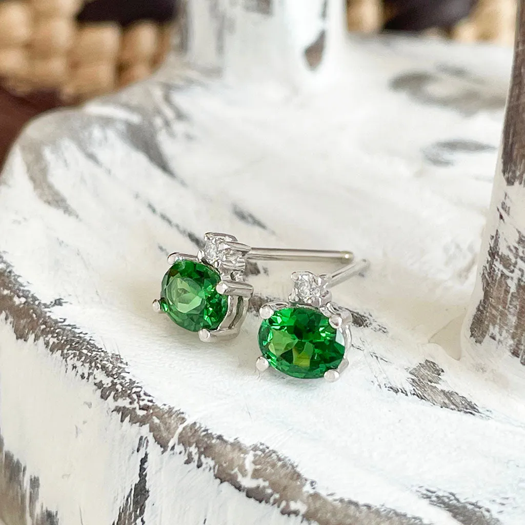 Petite Elegant Tsavorite Earrings with Solitaire Diamond Highlight