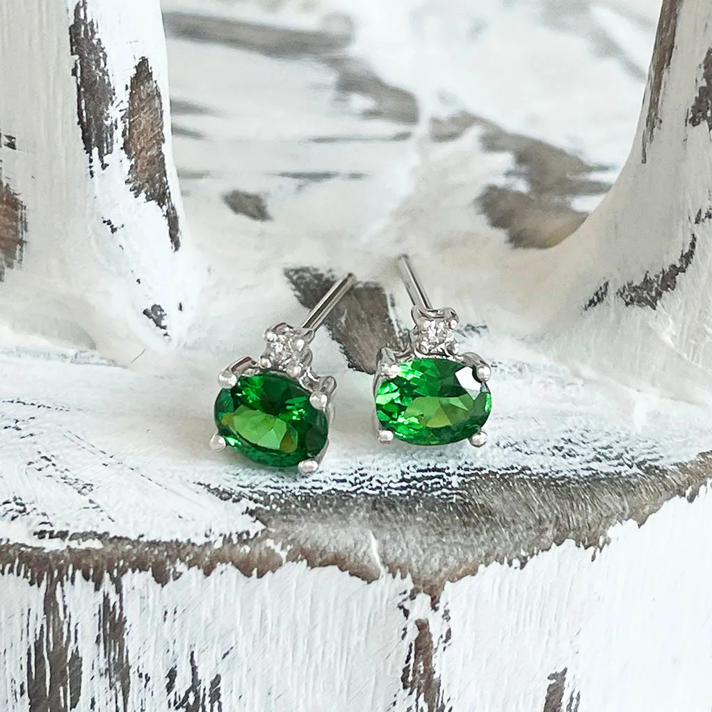 Petite Elegant Tsavorite Earrings with Solitaire Diamond Highlight