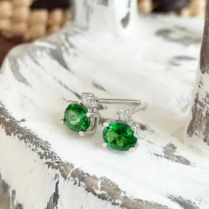Petite Elegant Tsavorite Earrings with Solitaire Diamond Highlight