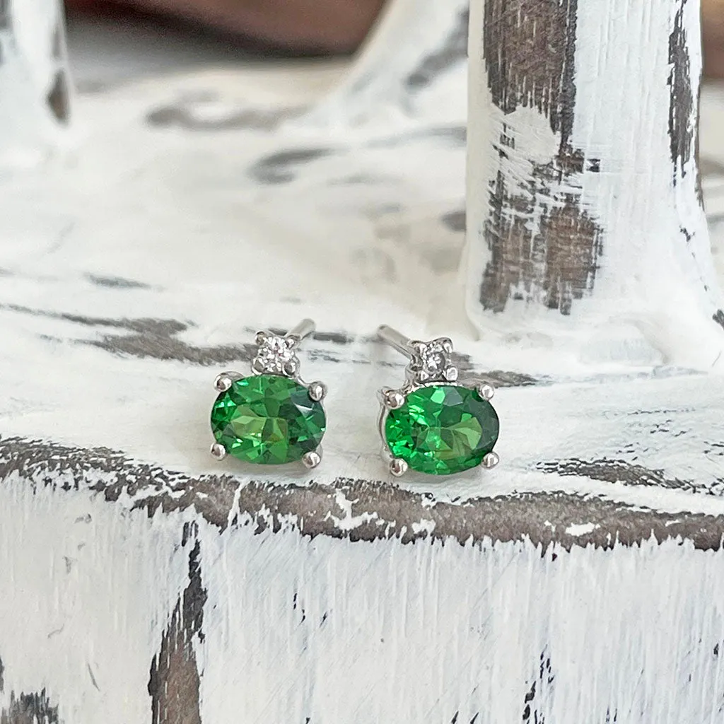 Petite Elegant Tsavorite Earrings with Solitaire Diamond Highlight