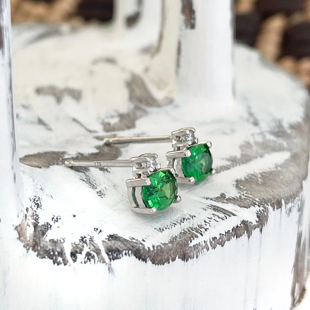 Petite Elegant Tsavorite Earrings with Solitaire Diamond Highlight