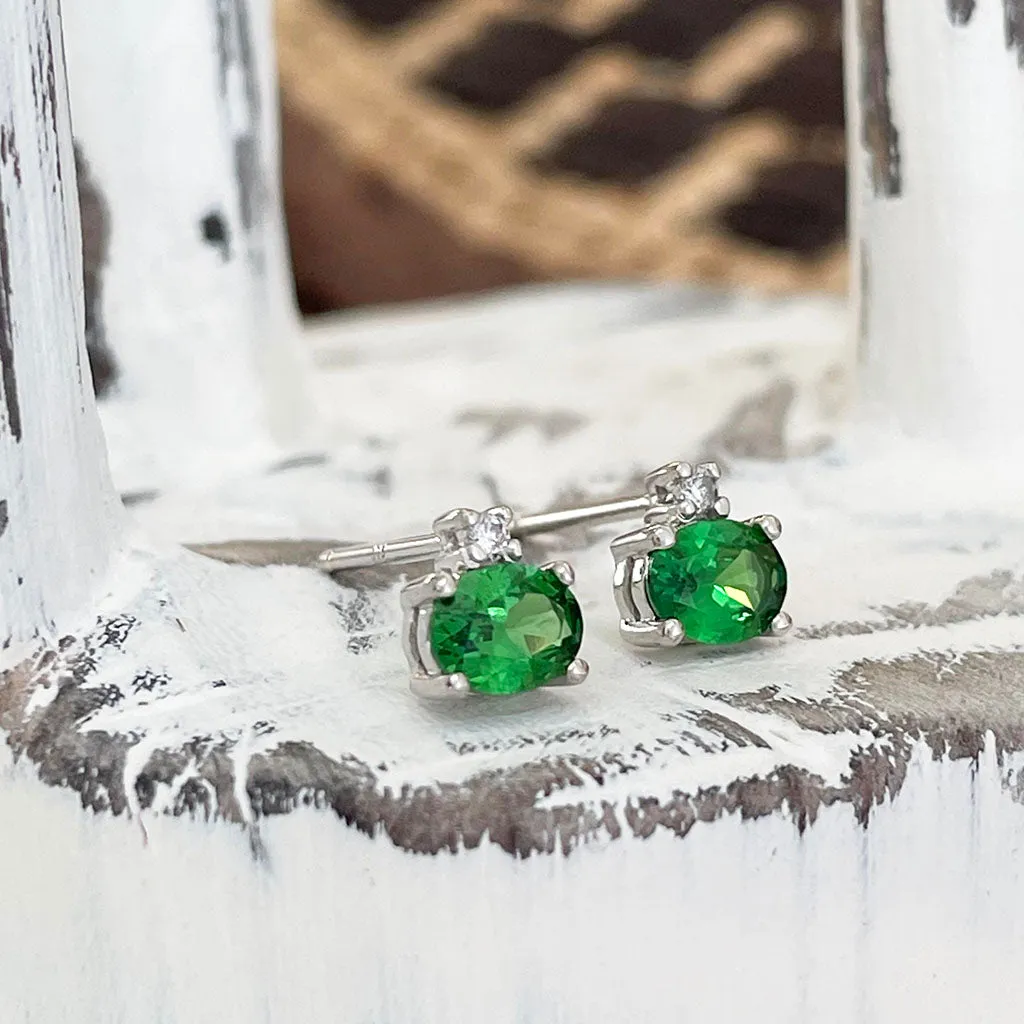 Petite Elegant Tsavorite Earrings with Solitaire Diamond Highlight