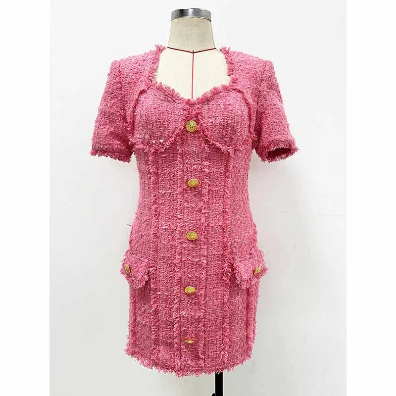 Pink Tweed Mini Dress with 7-Buttons