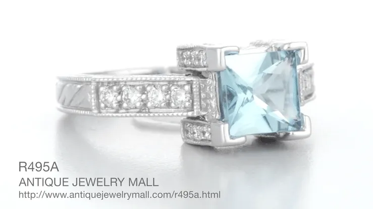 Platinum Art Deco 1 Carat Square Princess Cut Aquamarine and Diamond Engagement Ring