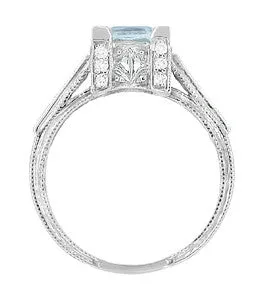 Platinum Art Deco 1 Carat Square Princess Cut Aquamarine and Diamond Engagement Ring