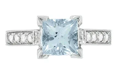 Platinum Art Deco 1 Carat Square Princess Cut Aquamarine and Diamond Engagement Ring