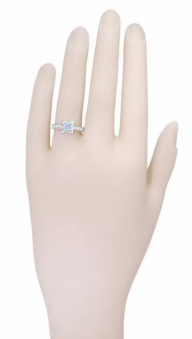 Platinum Art Deco 1 Carat Square Princess Cut Aquamarine and Diamond Engagement Ring