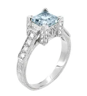 Platinum Art Deco 1 Carat Square Princess Cut Aquamarine and Diamond Engagement Ring