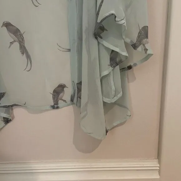 Playful elegant lingerie cover-up bird print sheer robe with tie