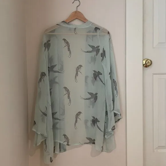 Playful elegant lingerie cover-up bird print sheer robe with tie