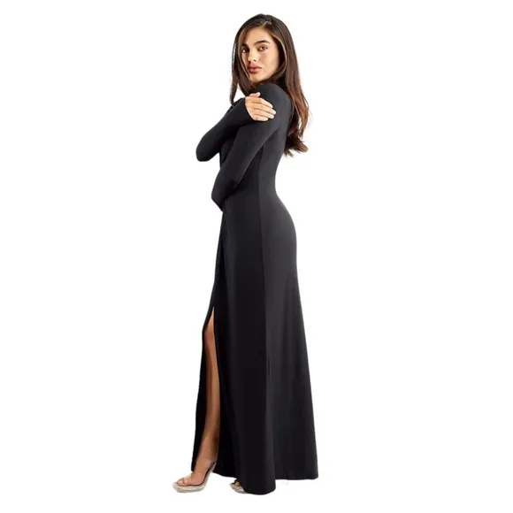 Popilush Built-In Shapewear Deep V-Neck Twist Split Maxi Dress in Black