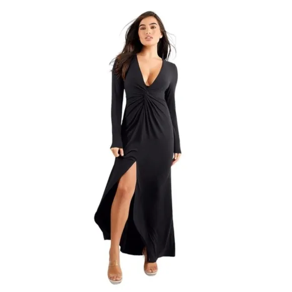 Popilush Built-In Shapewear Deep V-Neck Twist Split Maxi Dress in Black