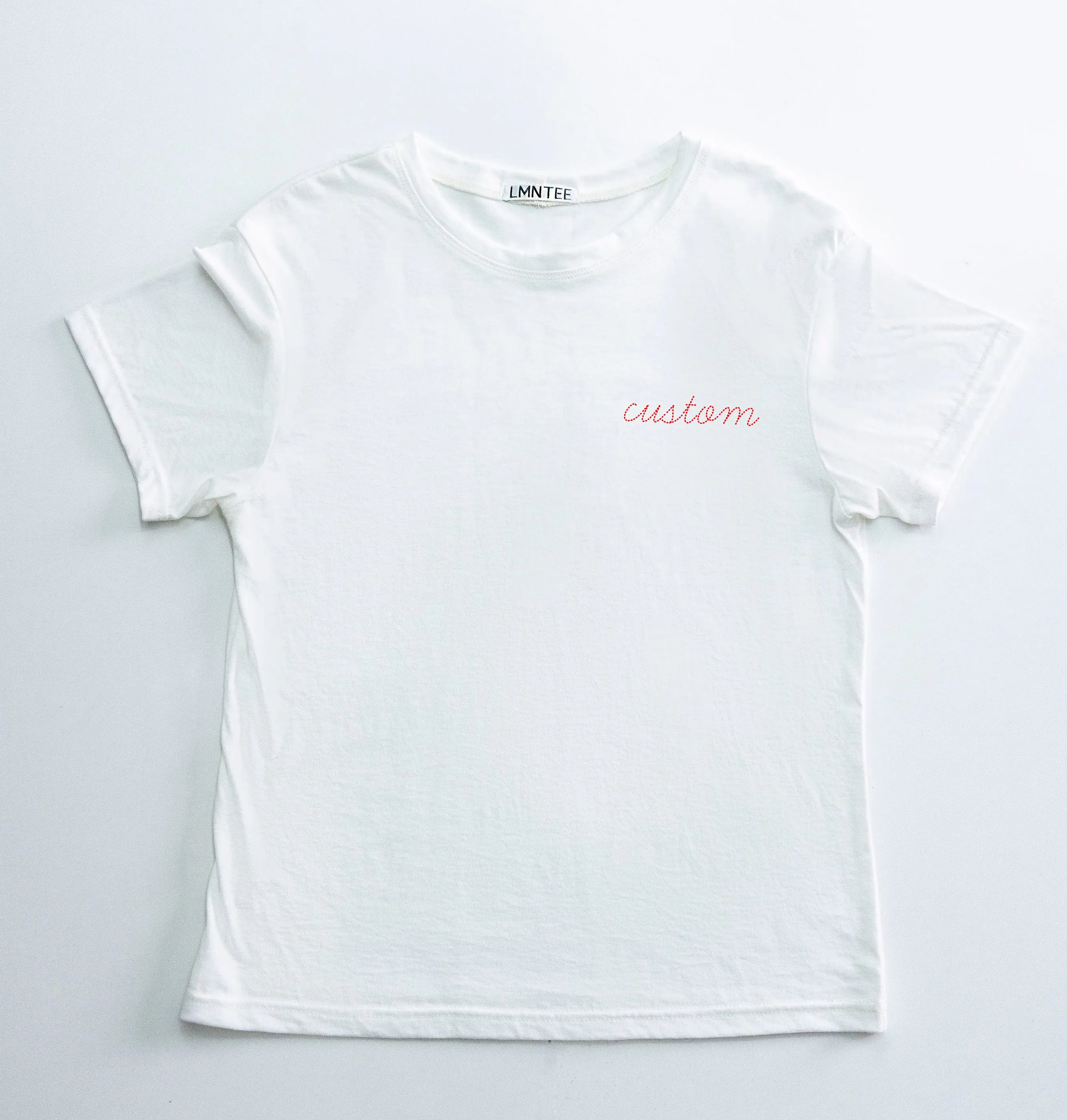 premium basic tee white with custom embroidery