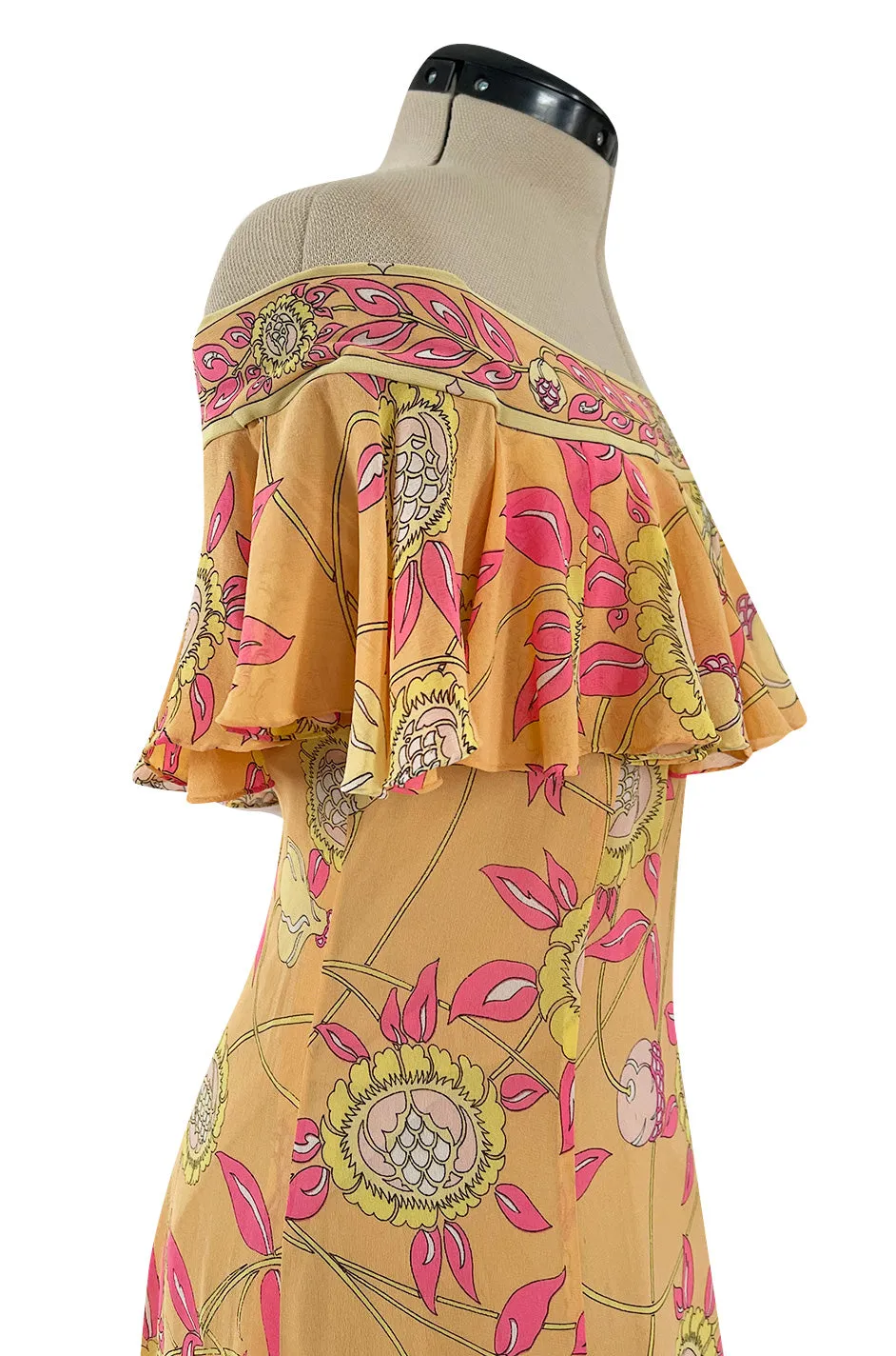 Prettiest 1960s Emilio Pucci Pink & Yellow Print on Peach Silk Chiffon Ruffled Off Shoulder Dress