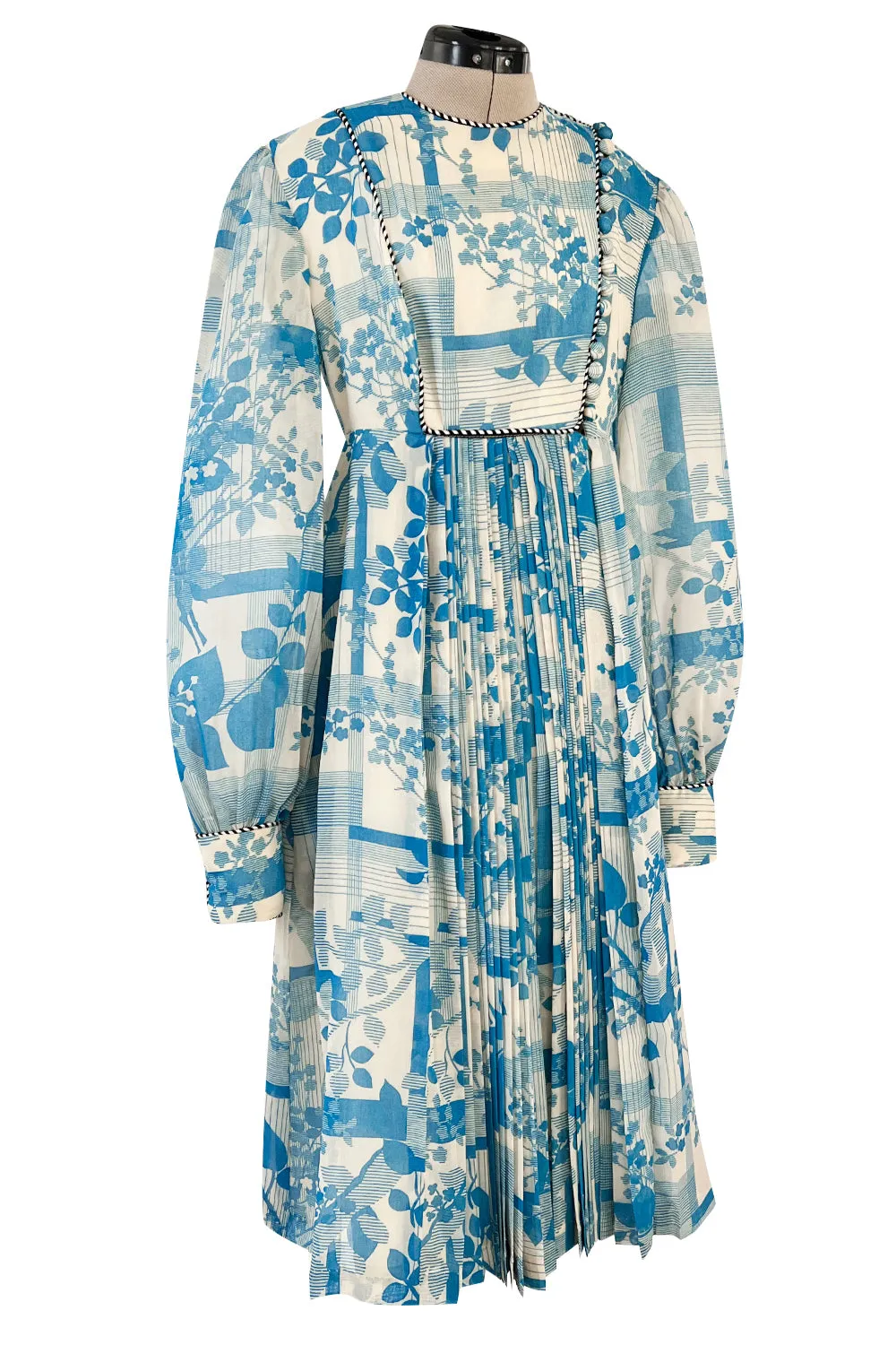 Prettiest 1960s Jean Varon Blue Floral Print Dress w Elaborate Pleating Detail